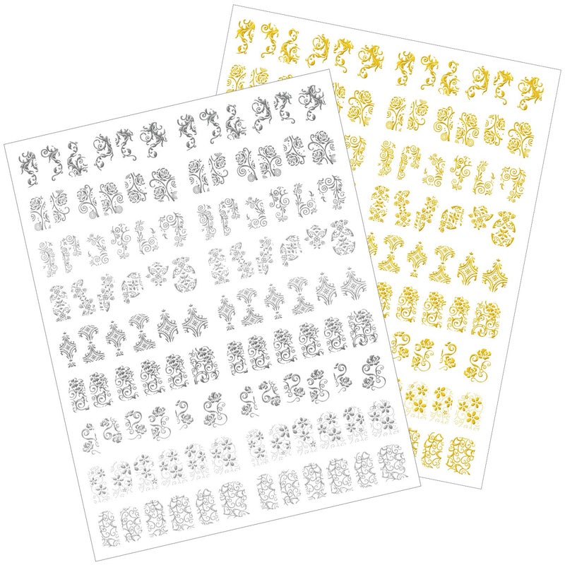Mudder 216 Pieces 3D Flower Nail Art Stickers Decals Self-adhesive Nail Tips Decorations, 2 Sheet (Silver and Gold) - Image 1